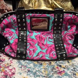 Betsey Johnson Pink and Black Shoulder Bag with Floral Design